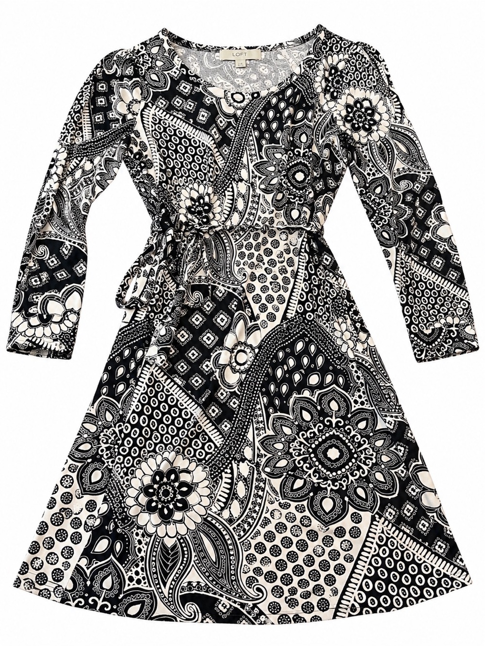 LOFT Black and White Paisley Dress - Long Sleeve